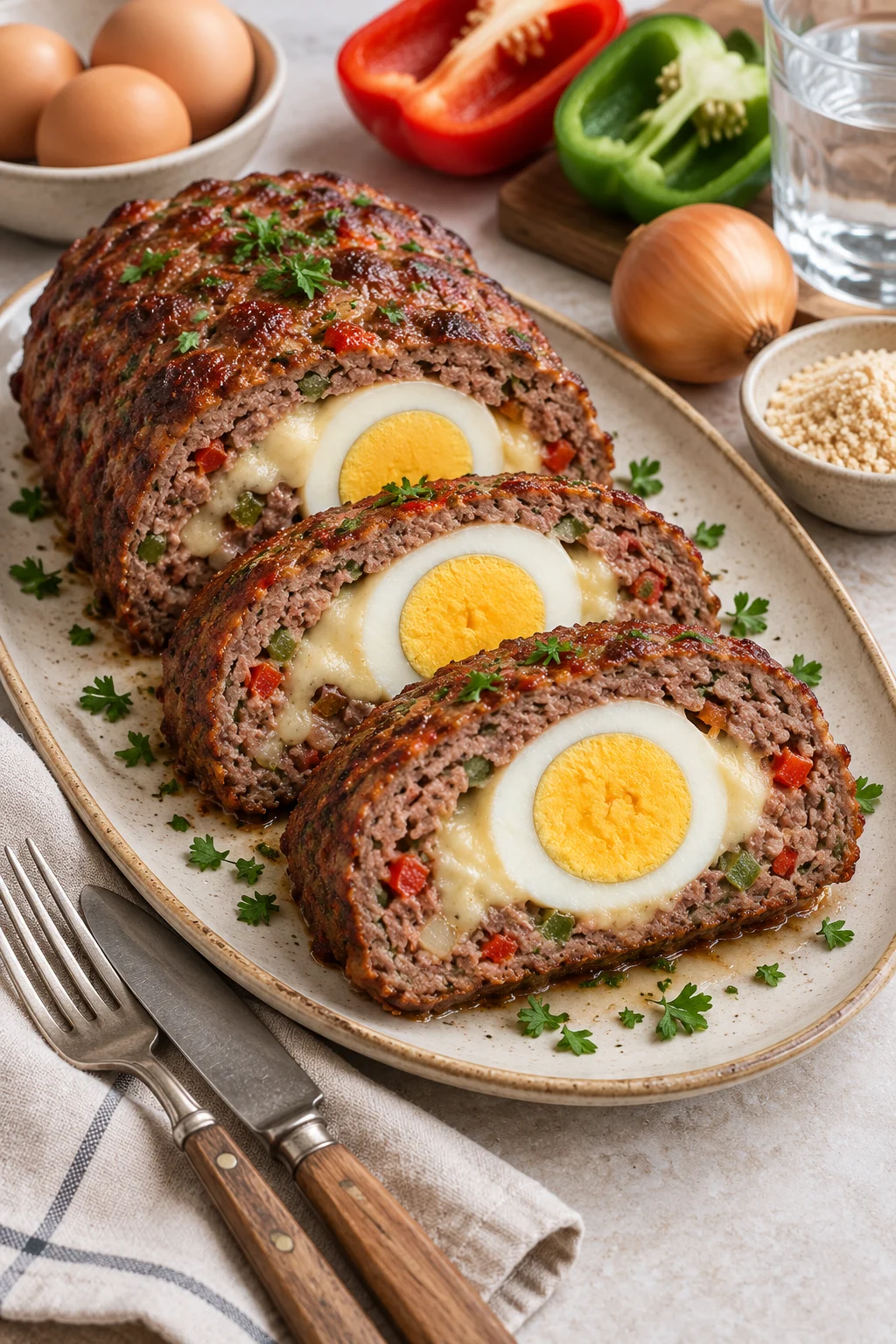 Pastel de carne relleno de huevo servido en un plato con ingredientes alrededor.
