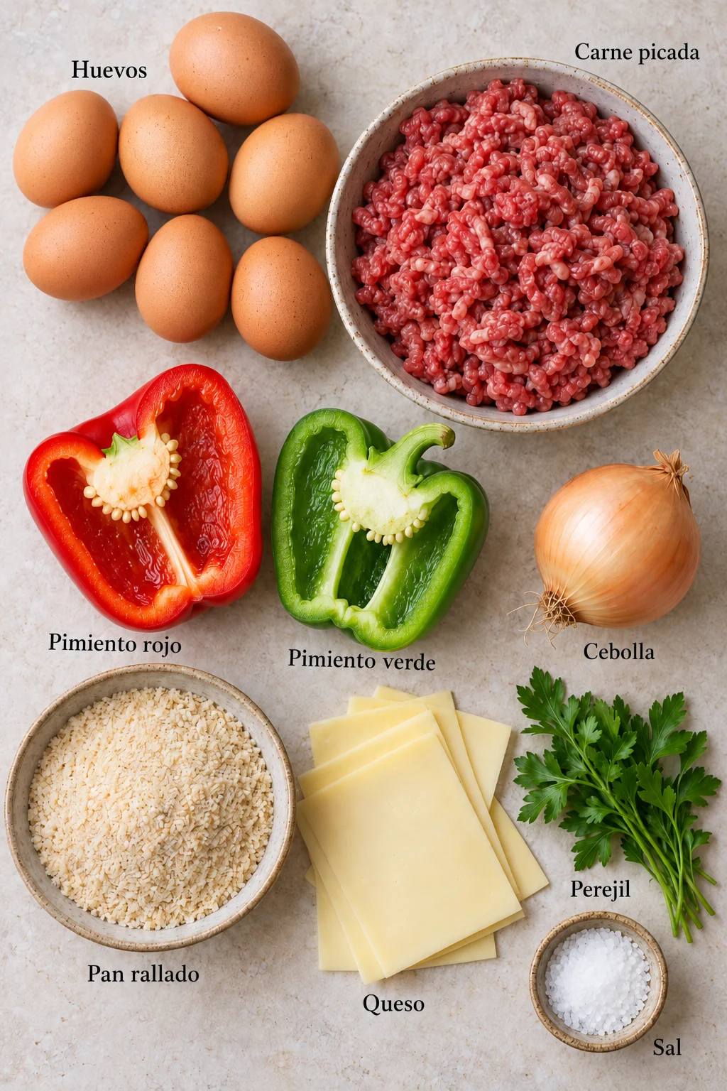 Ingredientes etiquetados para pastel de carne relleno de huevo.