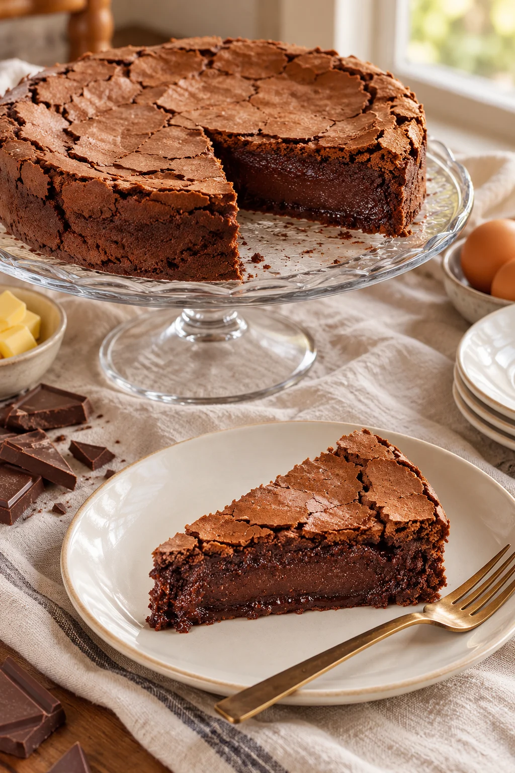Porción de pastel de chocolate cremoso servido en un plato
