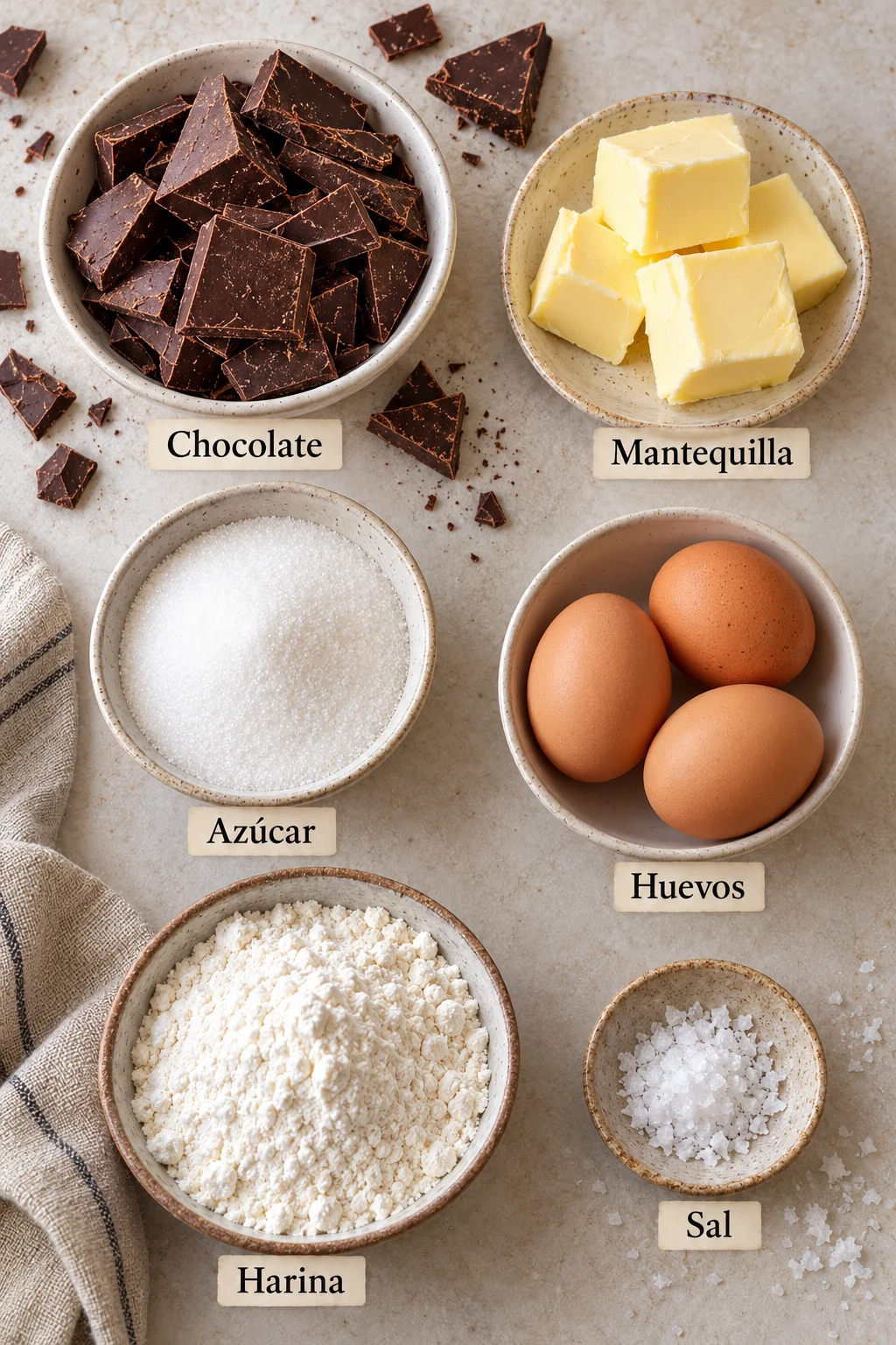 Ingredientes etiquetados para pastel de chocolate cremoso