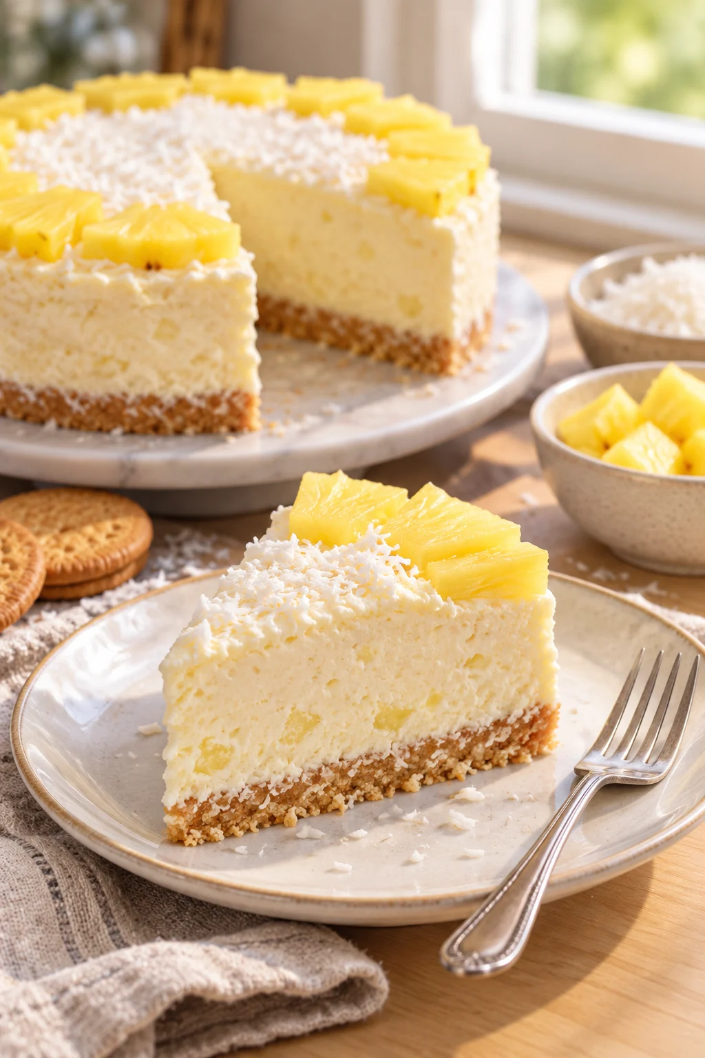 Close-up de un pastel de coco con relleno de piña mostrando su textura cremosa.