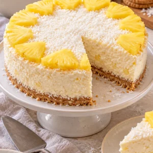 Pastel de coco con relleno de piña decorado con coco rallado y trozos de piña.