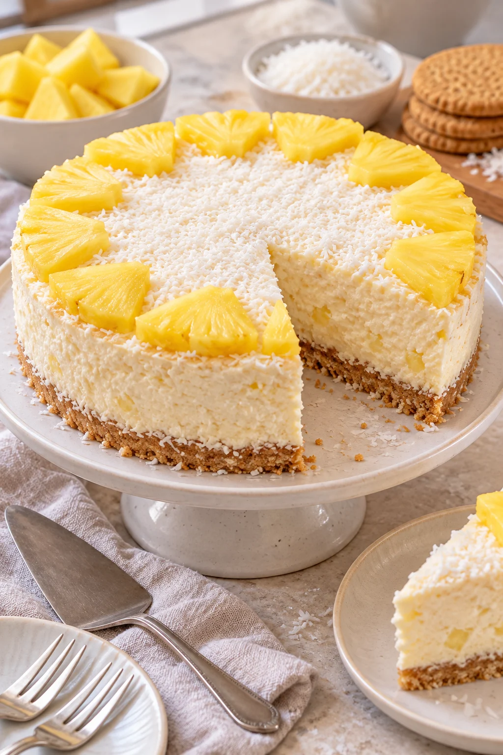 Pastel de coco con relleno de piña decorado con coco rallado y trozos de piña.