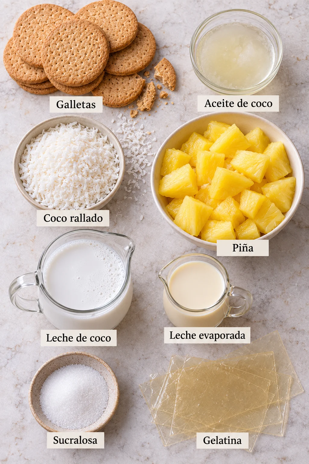 Ingredientes etiquetados para pastel de coco con relleno de piña.