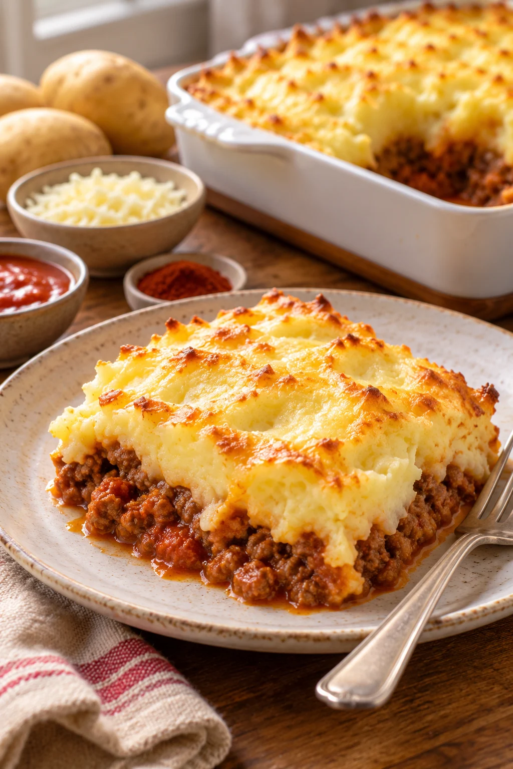 Porción de pastel de papa con carne, mostrando su textura cremosa.