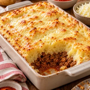 Pastel de papa con carne en fuente con queso mozzarella gratinado y una porción servida