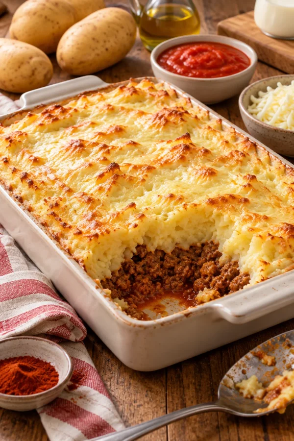 Pastel de papa con carne en fuente con queso mozzarella gratinado y una porción servida