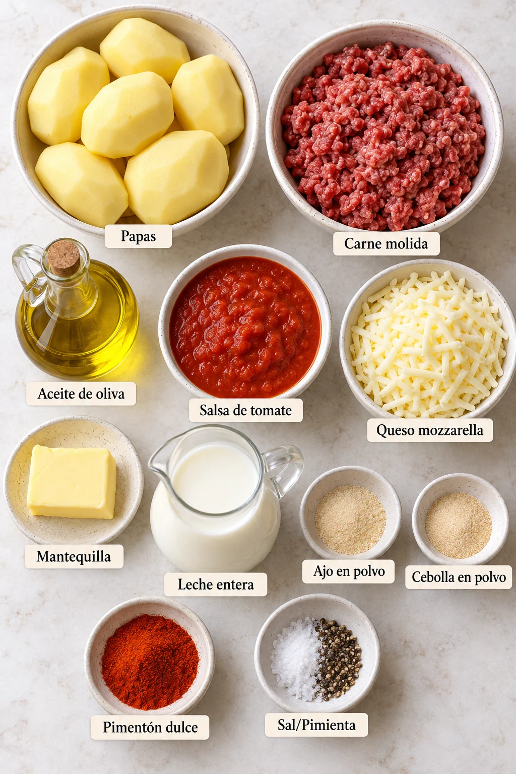 Ingredientes etiquetados para pastel de papa con carne.