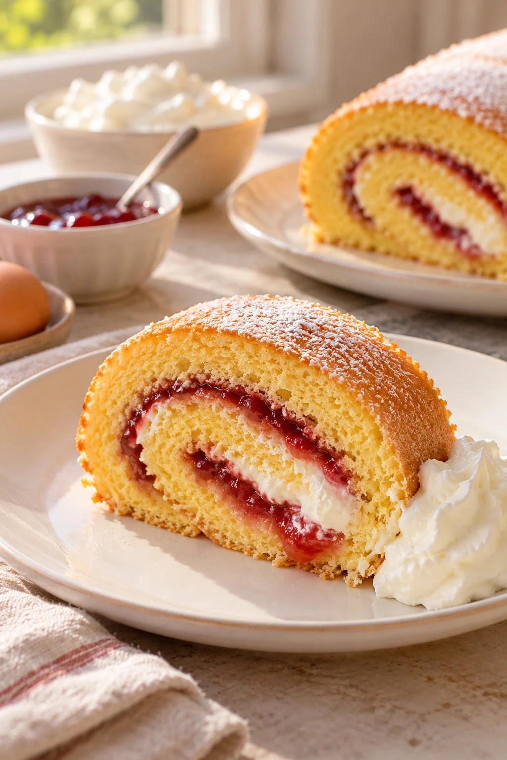 Detalle de una porción de pastel de rollo suizo mostrando su textura esponjosa y relleno cremoso