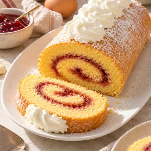 Pastel de rollo suizo esponjoso con mermelada de fresa y nata montada