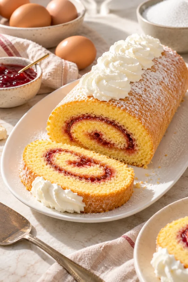 Pastel de rollo suizo esponjoso con mermelada de fresa y nata montada
