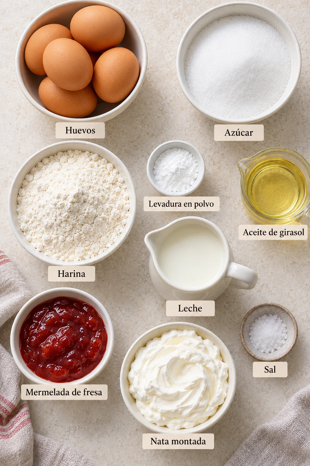 Ingredientes etiquetados para pastel de rollo suizo en pequeños recipientes