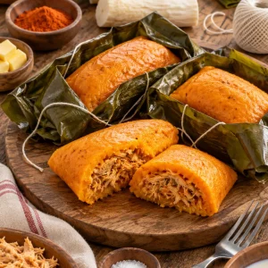 Pasteles de yuca en hojas de plátano, uno abierto con relleno de pollo