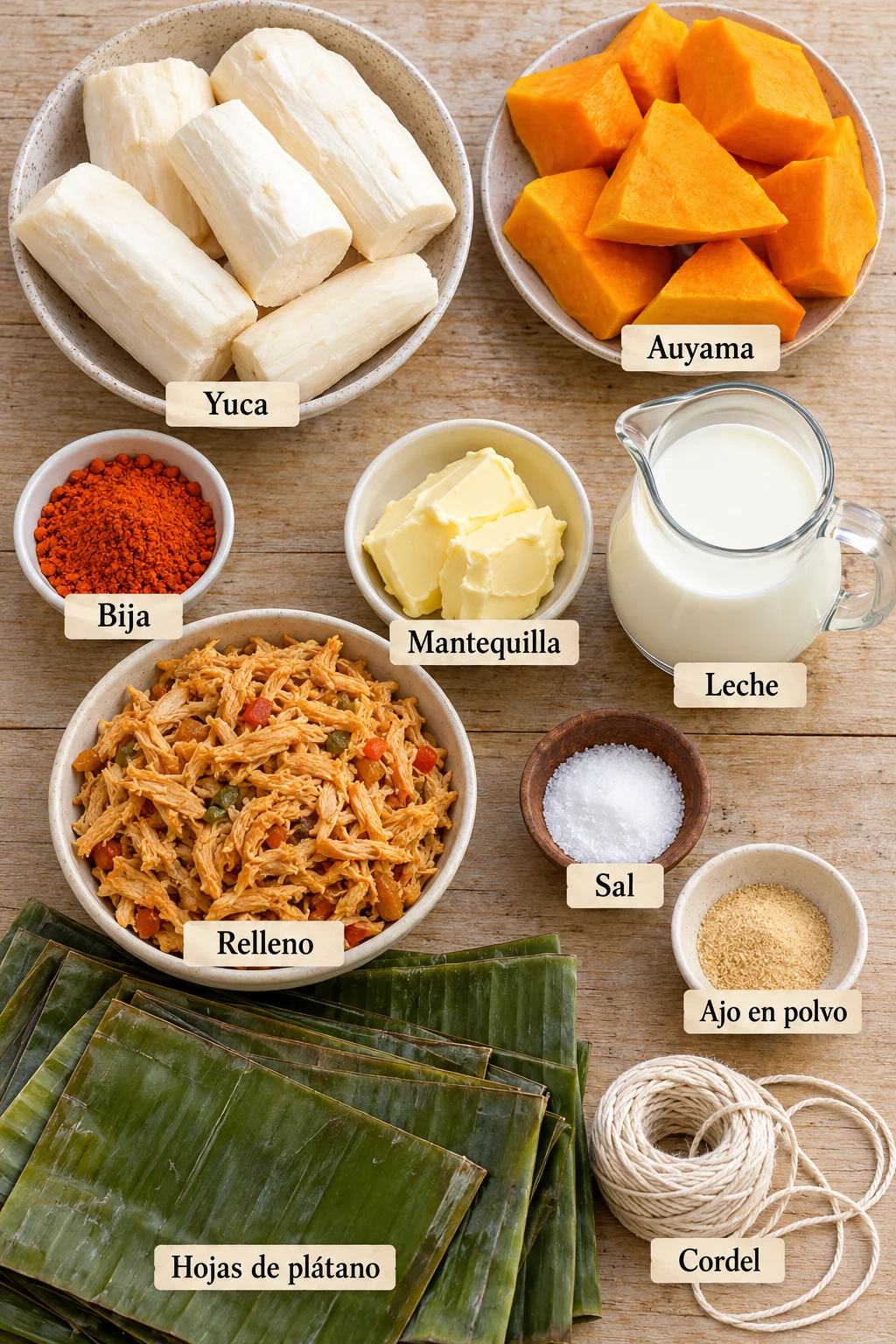 Ingredientes etiquetados para pastel de yuca fácil y sabroso