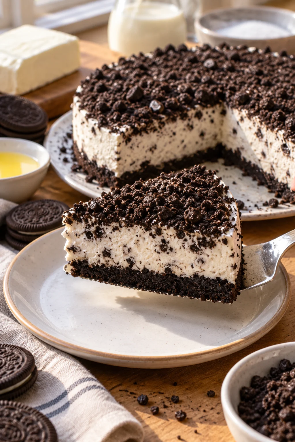 Porción de pastel frío de oreo servido