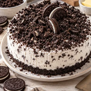Pastel frío de oreo con base de galleta y cobertura de galletas trituradas