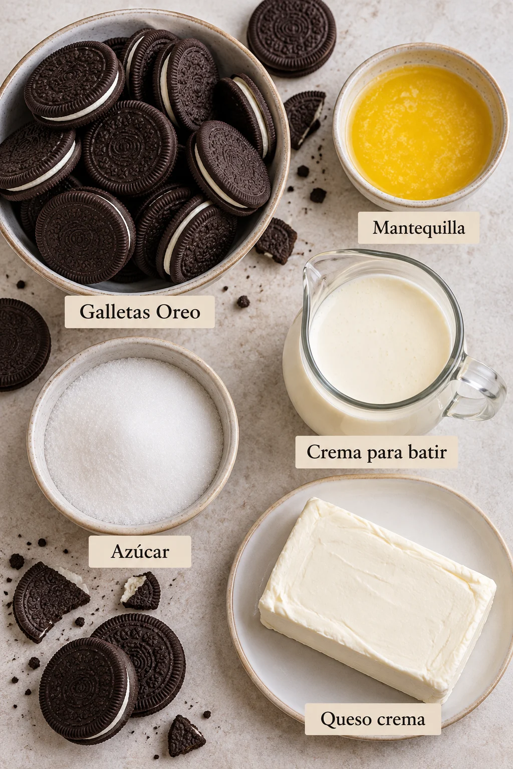 Ingredientes etiquetados para pastel frío de oreo