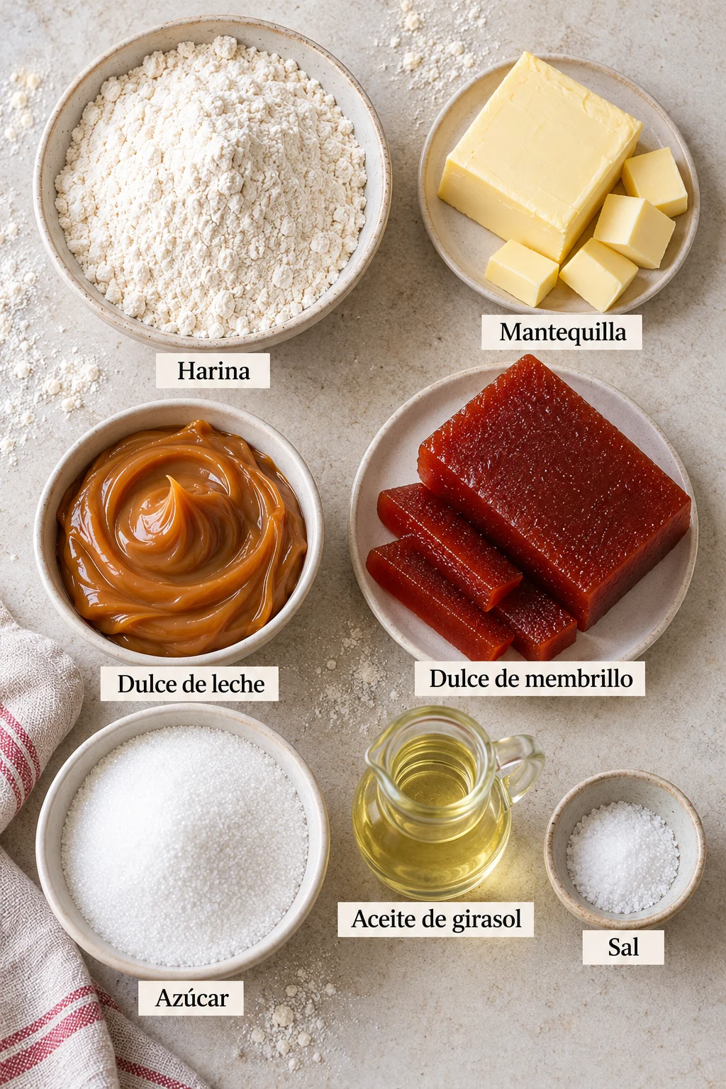 Ingredientes etiquetados para pastelitos criollos.