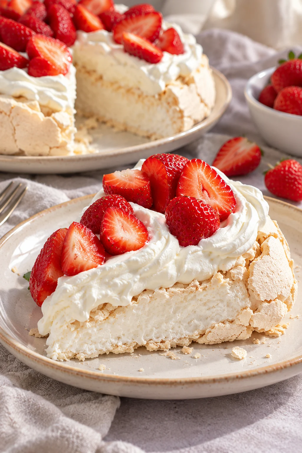 Close-up de pavlova con nata y fresas