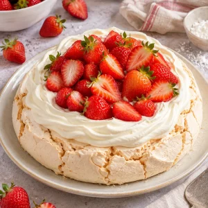 Pavlova decorada con nata y fresas frescas