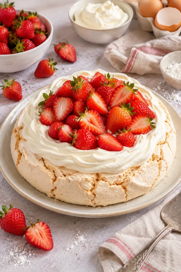 Pavlova decorada con nata y fresas frescas