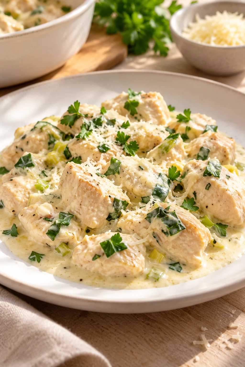 Primer plano de pollo a la crema con crema para cocinar, queso parmesano rallado y perejil fresco servido en plato blanco