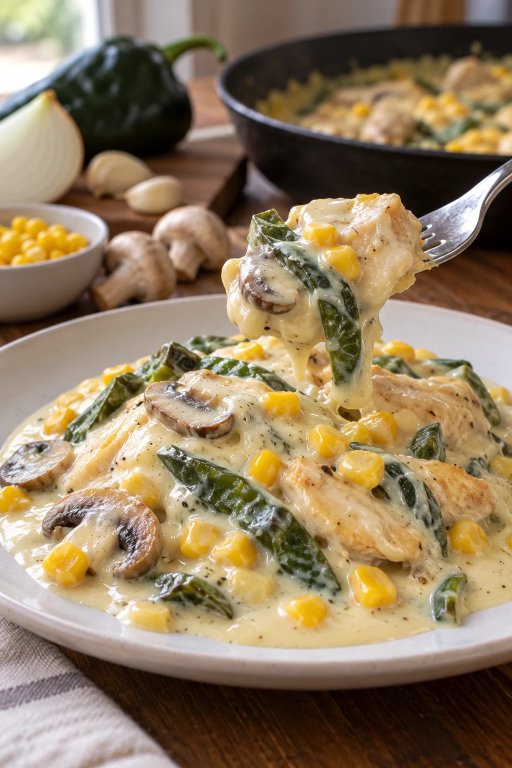 Primer plano de pollo a la crema de chile poblano con salsa cremosa y champiñones