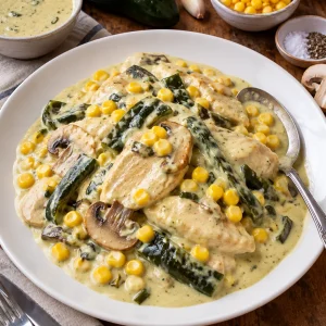 Plato de pollo a la crema de chile poblano con champiñones y elote servido en mesa