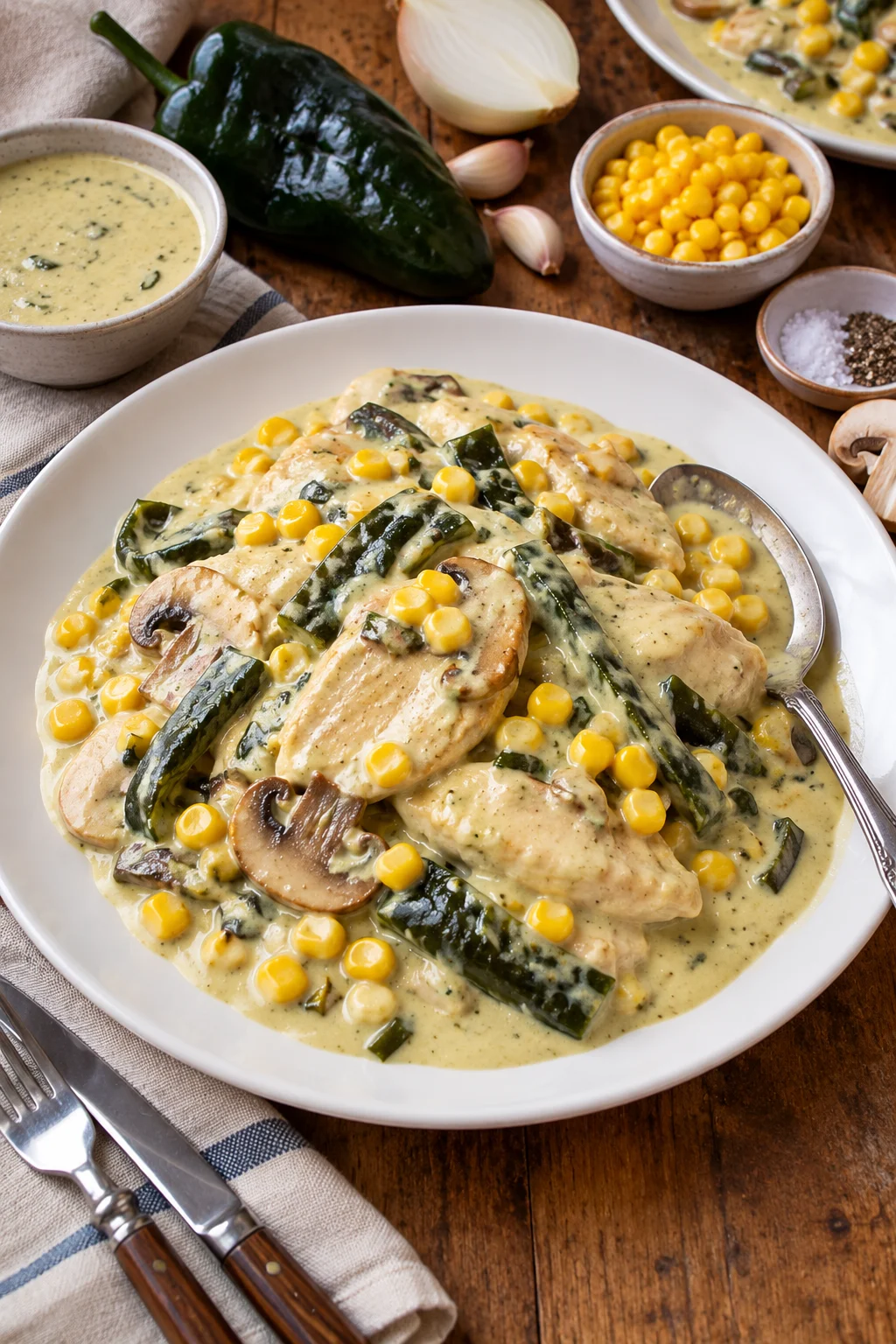 Plato de pollo a la crema de chile poblano con champiñones y elote servido en mesa