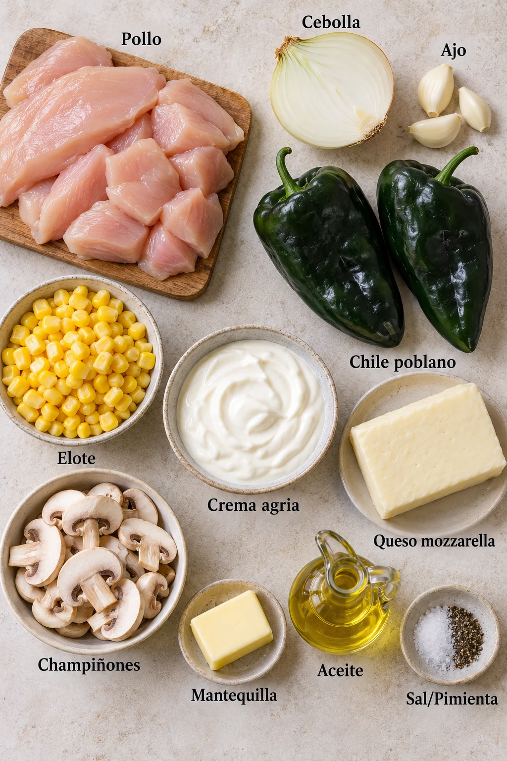 Ingredientes etiquetados para pollo a la crema de chile poblano en superficie clara