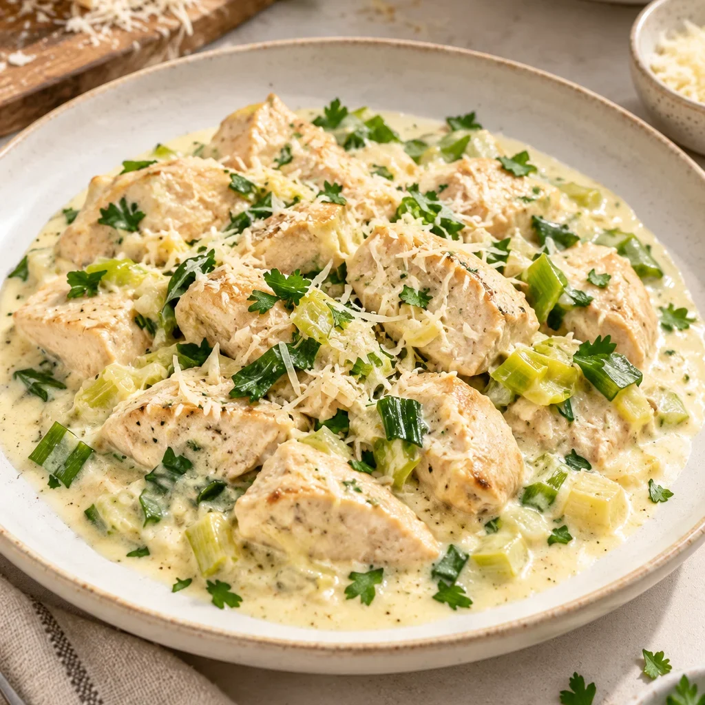 Pollo a la crema con pechugas de pollo, cebolla, crema para cocinar, mostaza, queso parmesano y perejil fresco