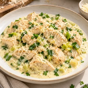 Pollo a la crema con pechugas de pollo, cebolla, crema para cocinar, mostaza, queso parmesano y perejil fresco