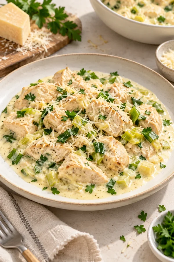 Pollo a la crema con pechugas de pollo, cebolla, crema para cocinar, mostaza, queso parmesano y perejil fresco