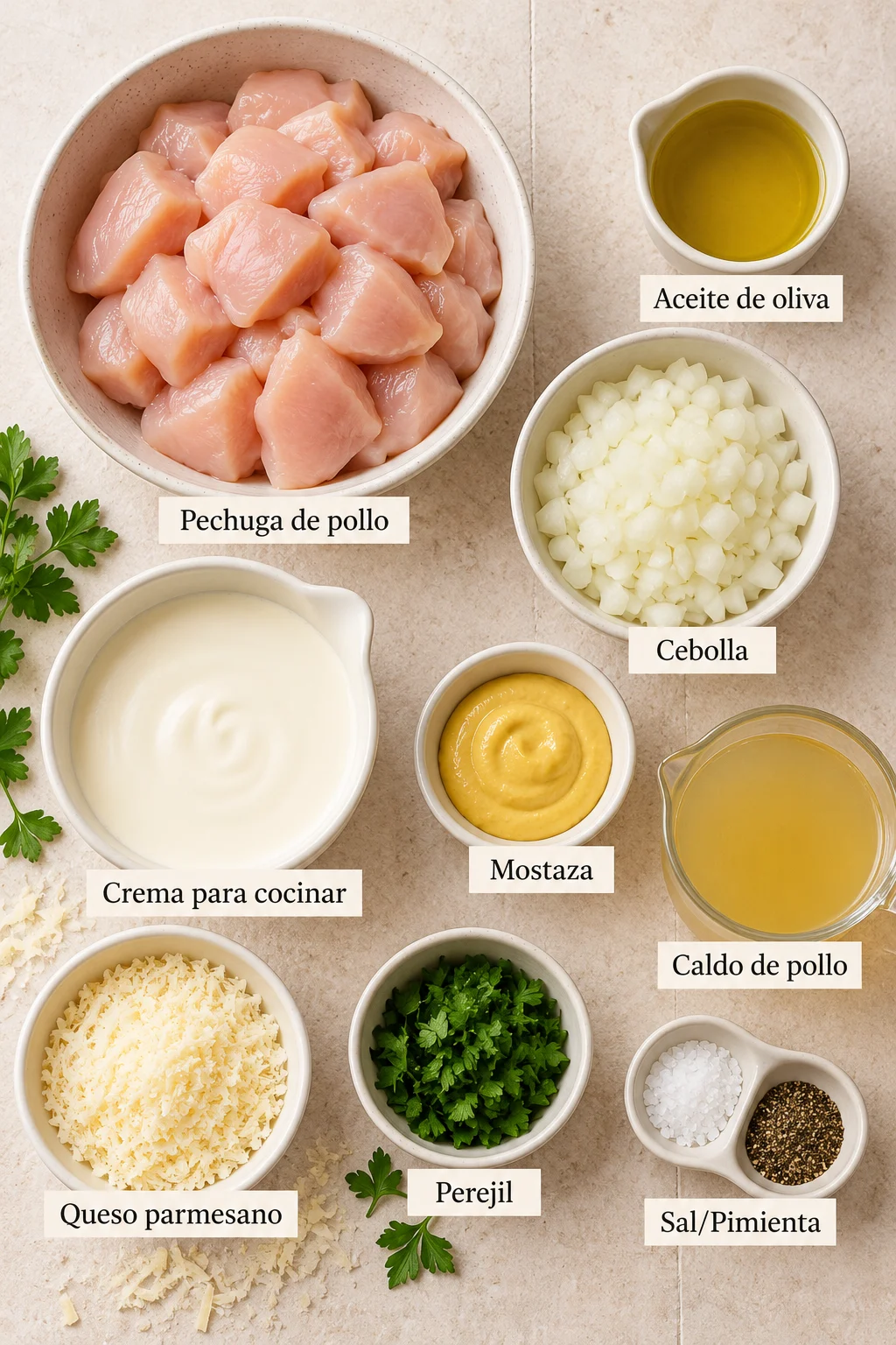 Ingredientes etiquetados para pollo a la crema en un plano cenital