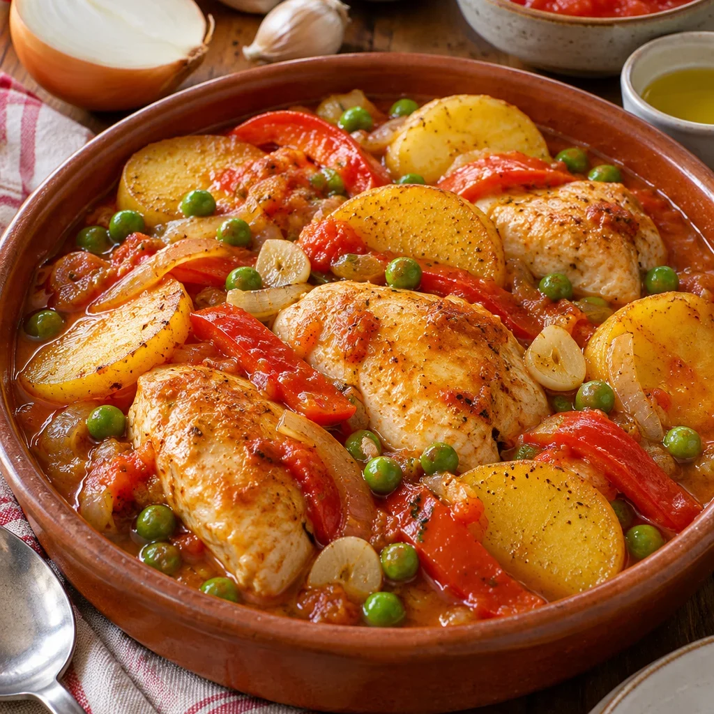 Cazuela de pollo a la portuguesa con pimientos, guisantes y papas fritas