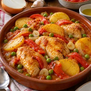 Cazuela de pollo a la portuguesa con pimientos, guisantes y papas fritas