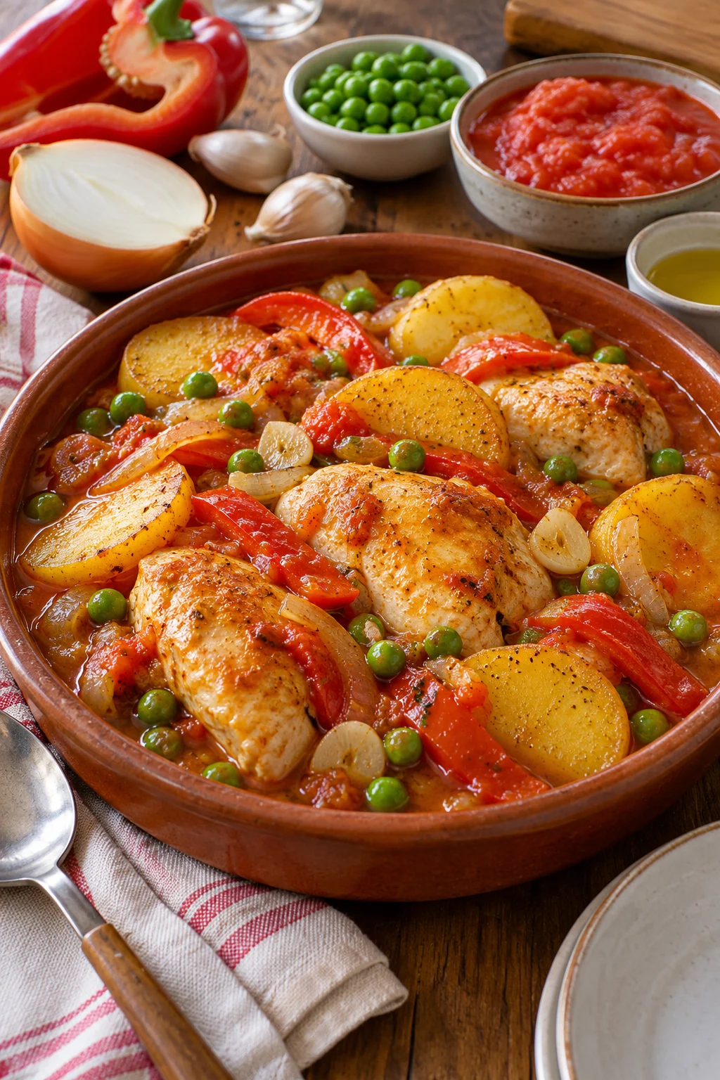 Plato de pollo a la portuguesa con pimientos y papas fritas