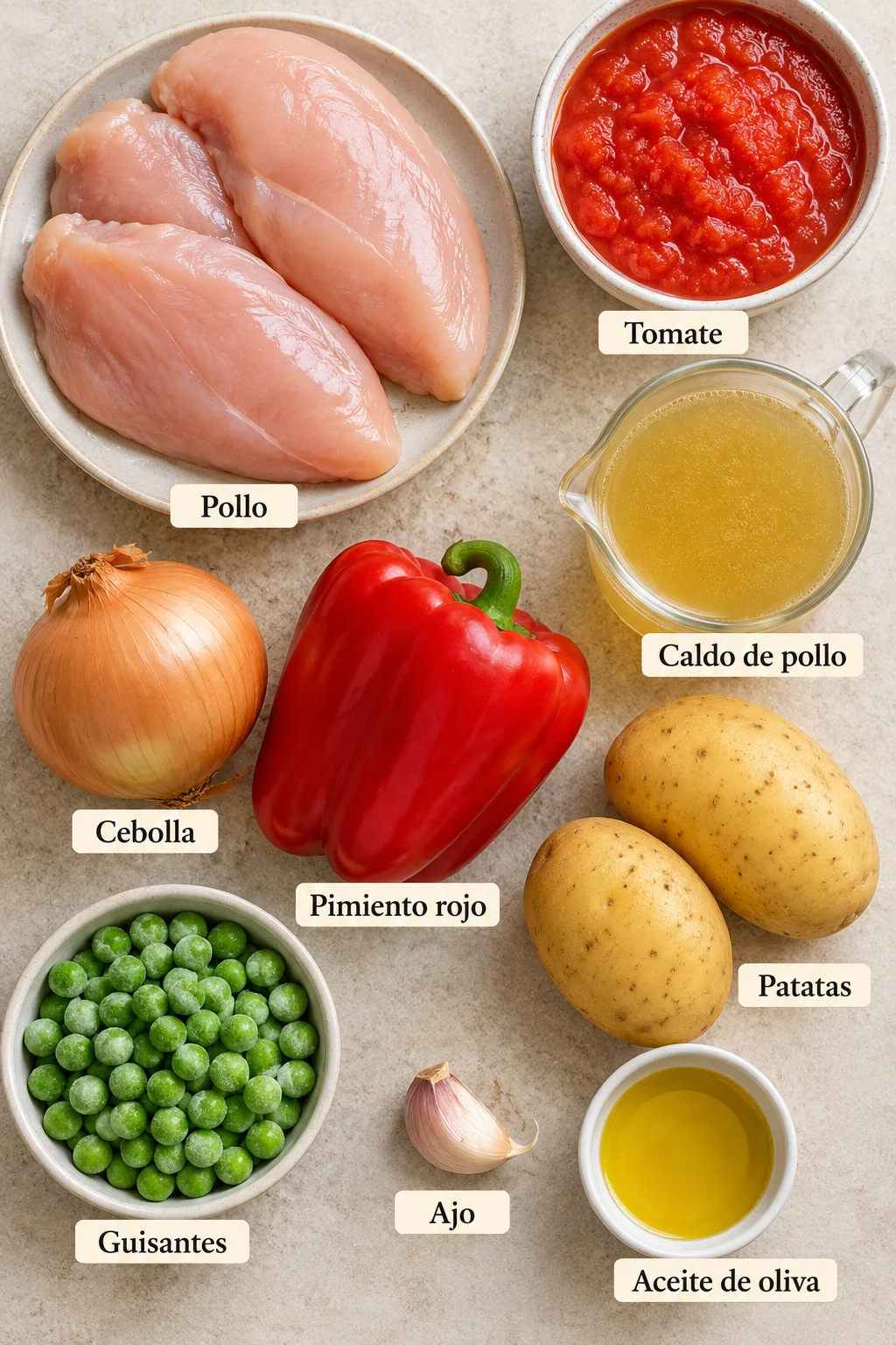 Ingredientes etiquetados para pollo a la portuguesa