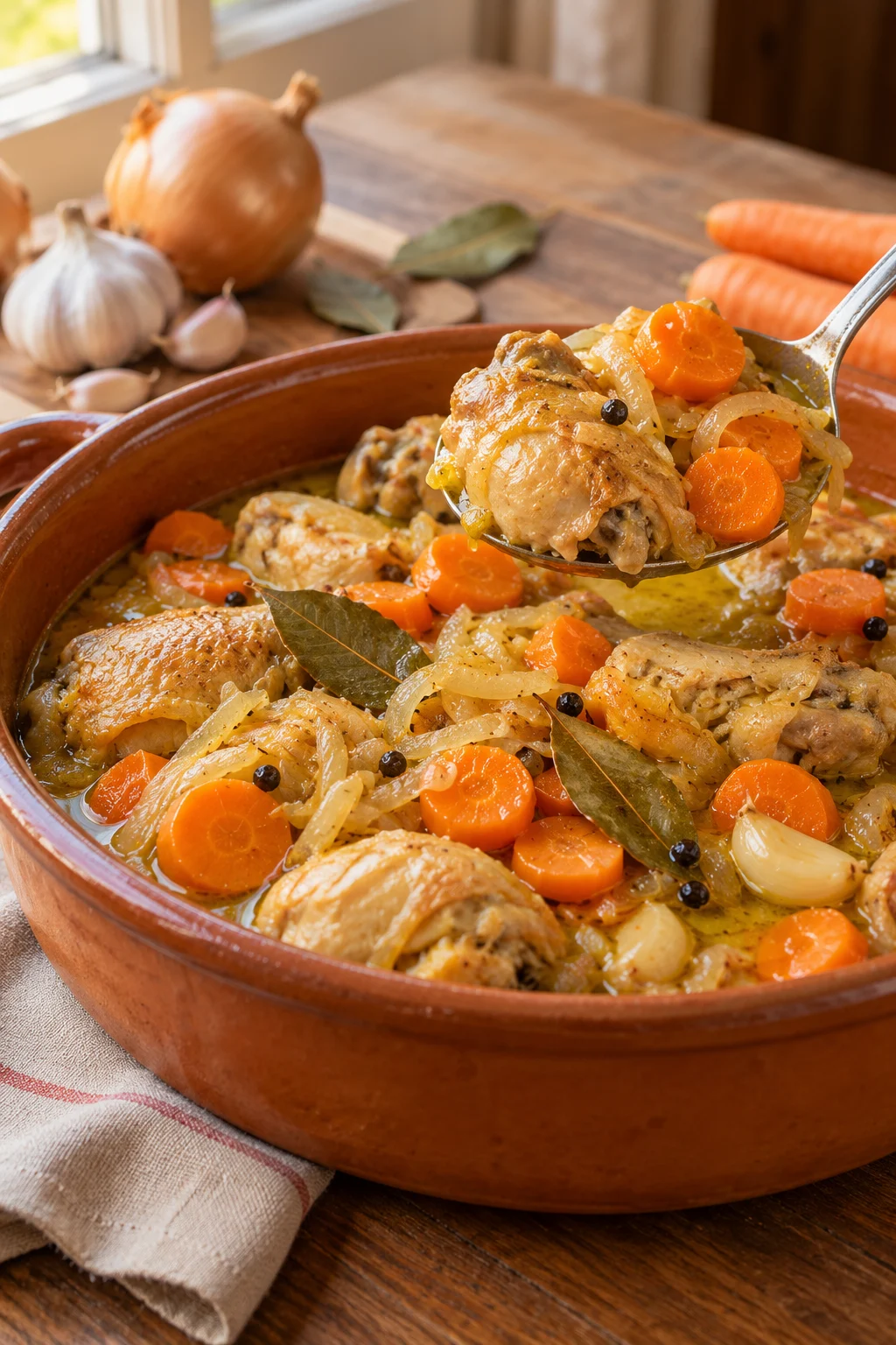 Close-up de pollo en escabeche servido