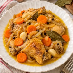 Pollo en escabeche con zanahorias y ajos