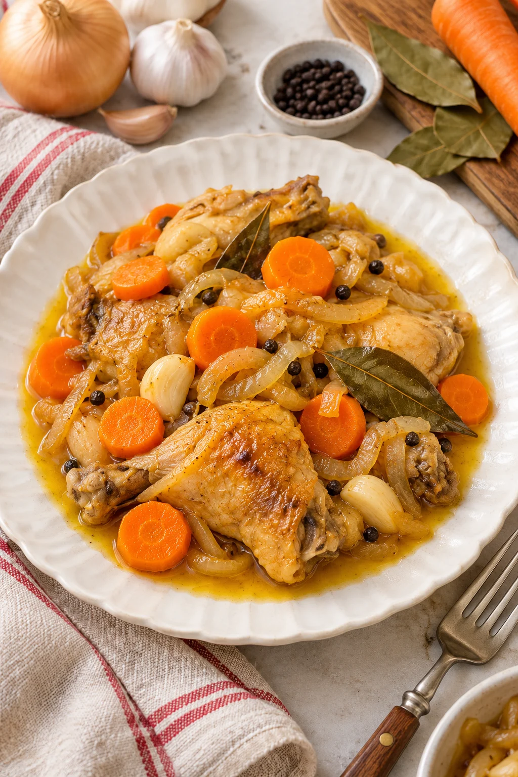 Pollo en escabeche con zanahorias y ajos