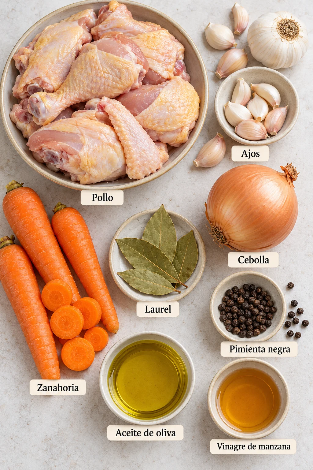Ingredientes etiquetados para pollo en escabeche