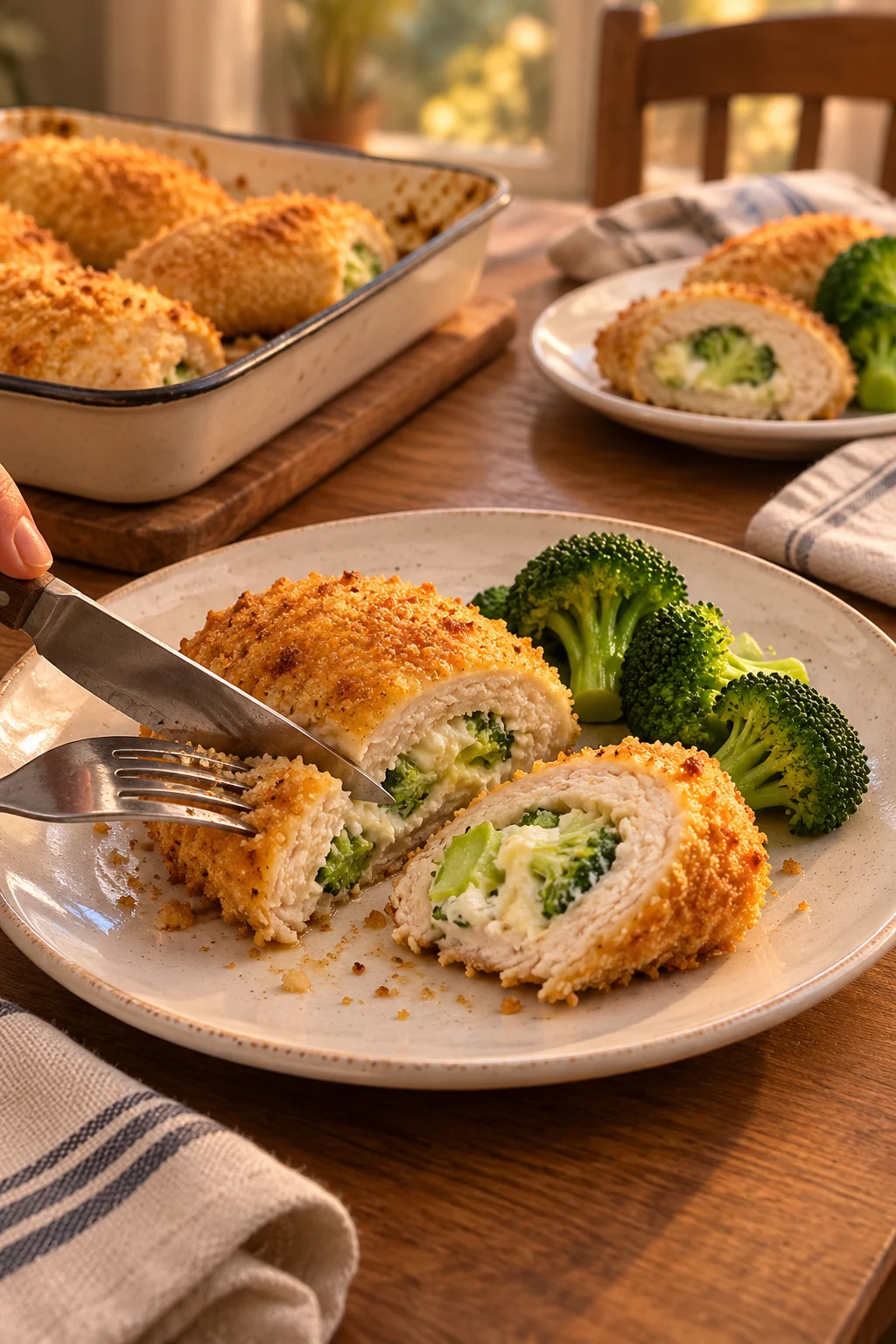Pollo relleno de brócoli y queso servido en un plato
