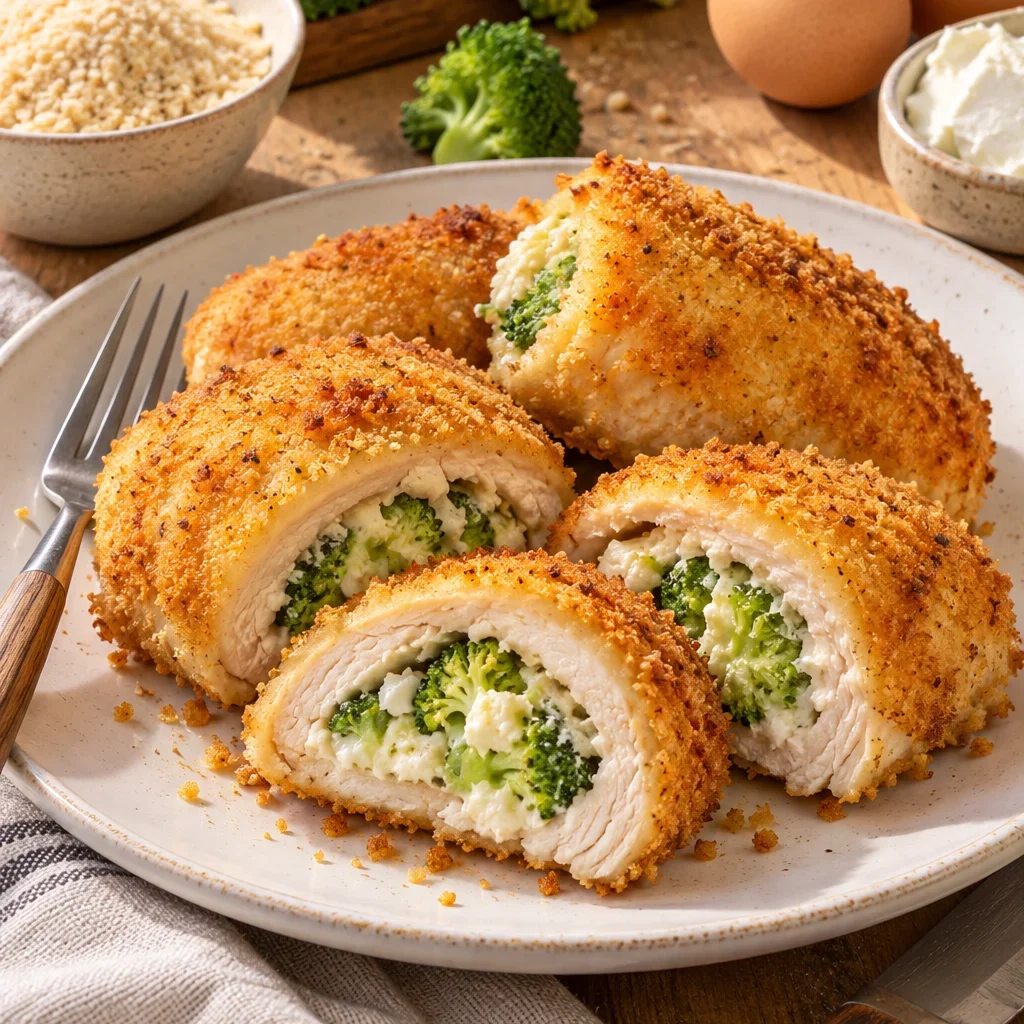 Rollitos de pollo empanizados rellenos de brócoli y queso crema cortados en un plato, con brócoli, pan molido y huevos alrededor
