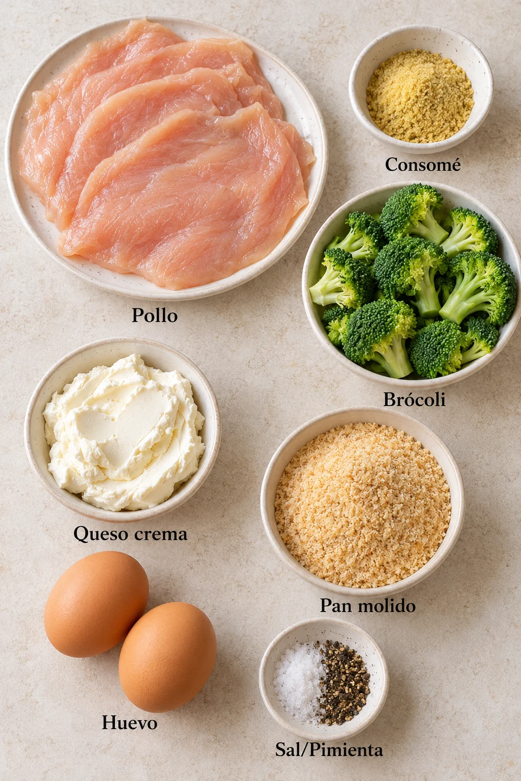 Ingredientes etiquetados para pollo relleno de brócoli y queso