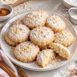 Polvorones caseros con azúcar glas en un plato junto a canela, almendra molida y mantequilla