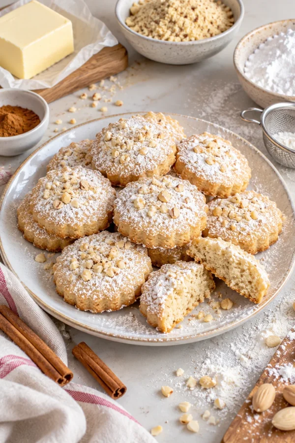 Polvorones caseros con azúcar glas en un plato junto a canela, almendra molida y mantequilla