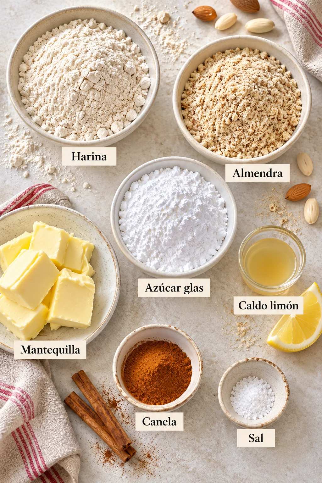 Ingredientes etiquetados para polvorones caseros: harina tostada, almendra, azúcar glas, mantequilla, canela, sal y caldo limón