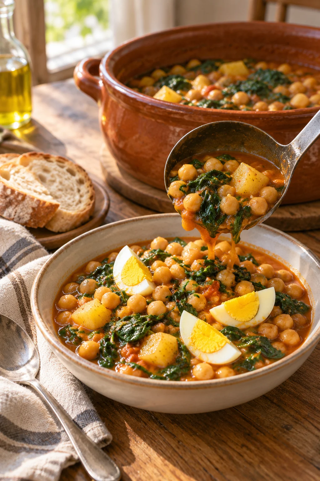 Cuchara con potaje de garbanzos con espinacas en primer plano
