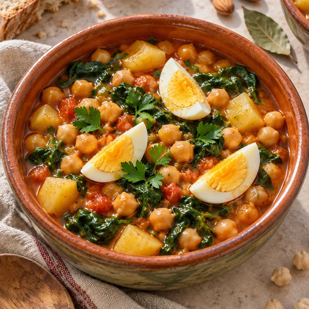 Potaje de garbanzos con espinacas y huevo duro servido en un cuenco rústico